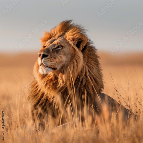 A proud lion on the prairie looks into the distance, close up