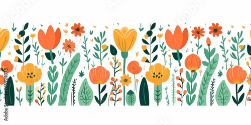bright, blooming poppies and other flowers arranged in an endless horizontal line on a white background. Concept: spring promotions and events, for the design of greeting cards