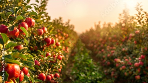 A vast field of red apples trees, cheery trees, with a clear morning sky above, adding to the magical and dreamlike atmosphere, master piace, nature england orchard photo