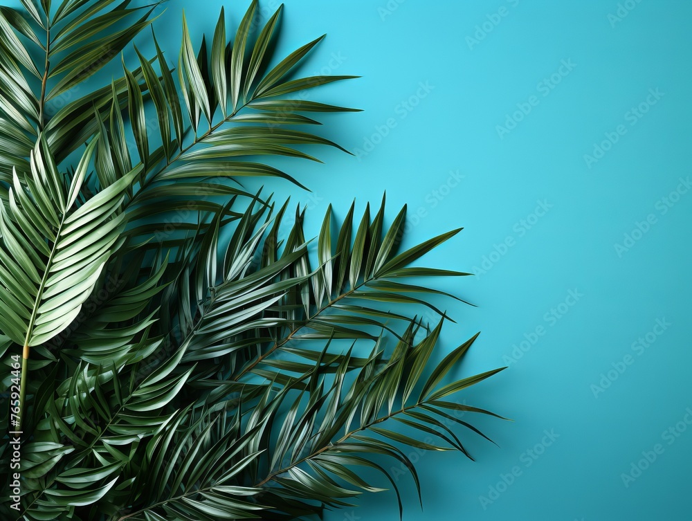 Green plant leaves on a calm blue copy space background