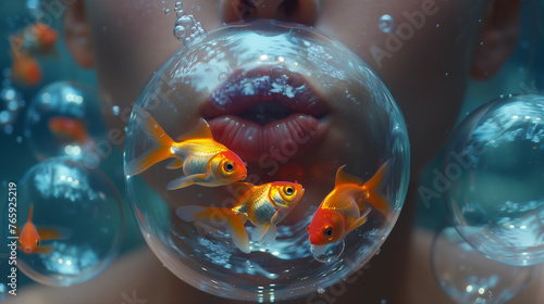 Wallpaper Mural Goldfish Inside Transparent Bubbles with Woman's Lips in Background Torontodigital.ca