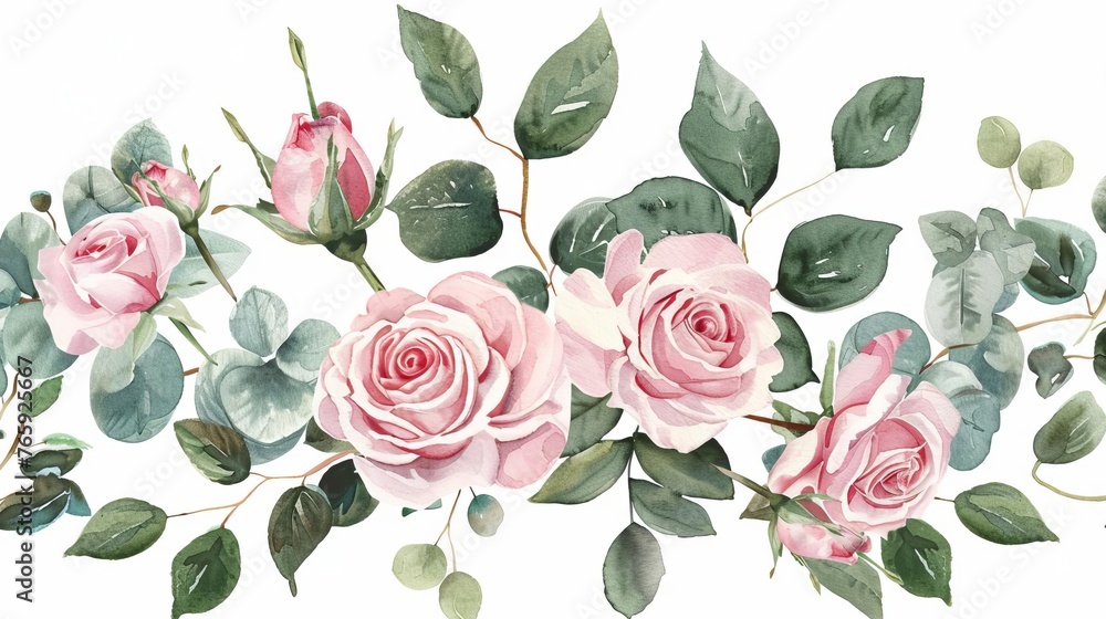 Delicate watercolor composition of pink roses, leaves, and eucalyptus branches