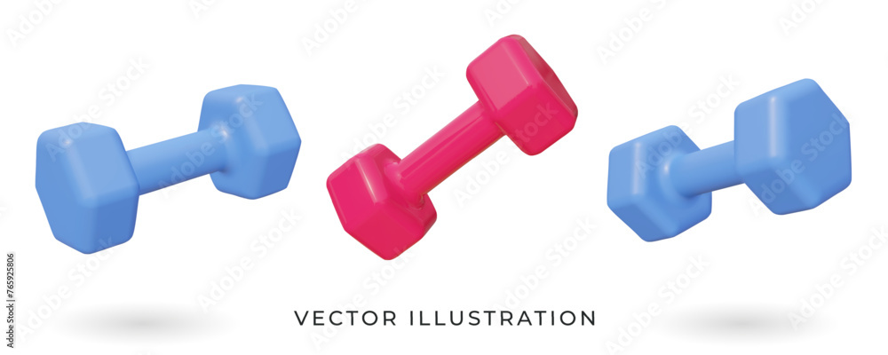 Set of 3d realistic dumbbells isolated on white background. Vector illustration. Gym and fitness equipment. Workout tools - obrazy, fototapety, plakaty 