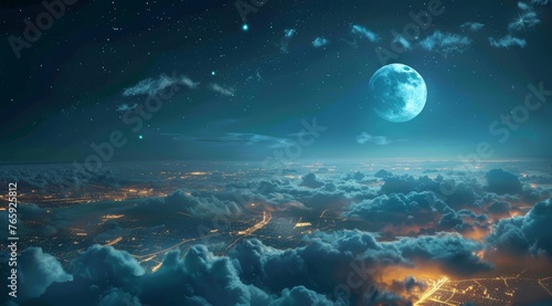 a view of the city lights from above  clouds in foreground  night sky with moon and stars
