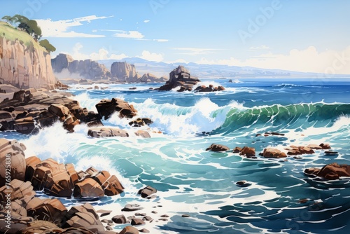 A Painting of a Rocky Coast With Crashing Waves. Generative AI.