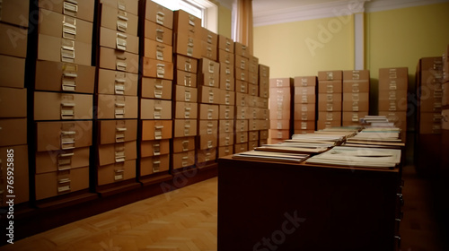 A room with many filing cabinets and a desk with papers on it