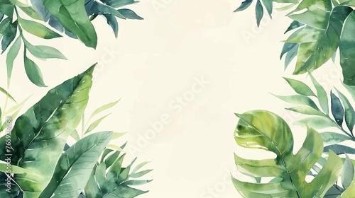 Elegant watercolor frame with lush green tropical leaves and branches, wedding invitation design