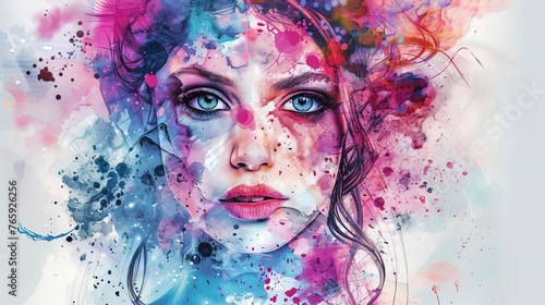 Ethereal Woman Portrait with Watercolor Splashes and Fashion Elements, Mixed Media Illustration