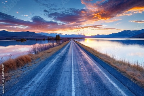 Lake and Beautiful road at sunset Beautiful view background