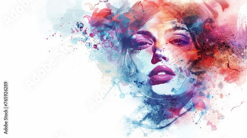 Ethereal Woman Portrait with Watercolor Splashes and Fashion Elements, Mixed Media Illustration