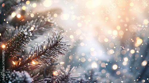 Festive Christmas background with shimmering lights, snowflakes and pine branches, holiday concept