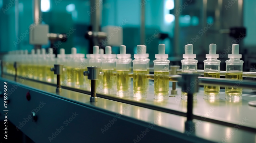A row of bottles with a yellow liquid inside