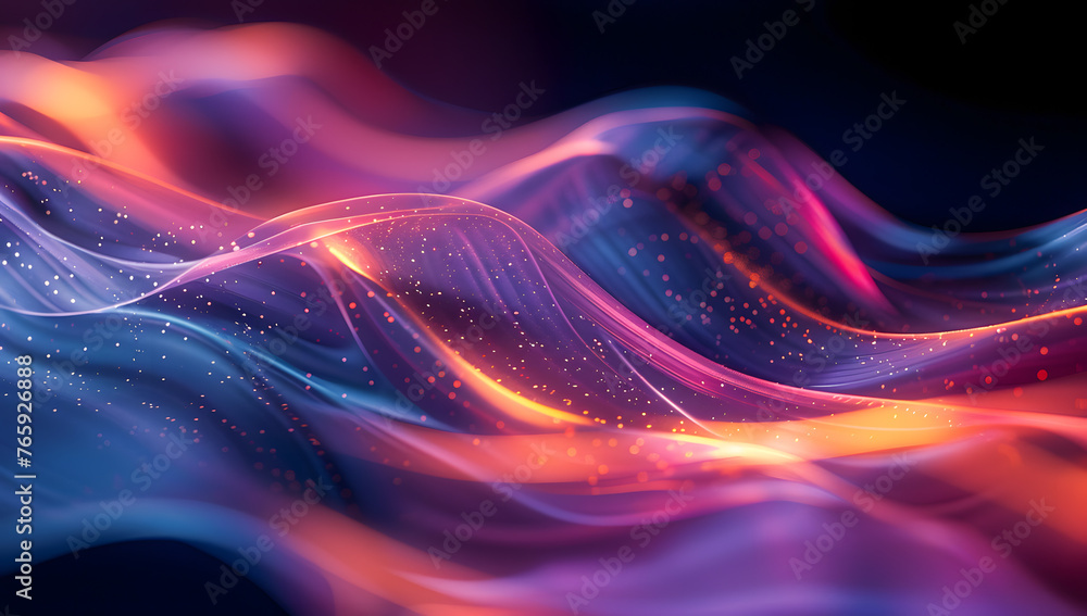 A vibrant wave of purple, pink, violet, and magenta colors on a dark background resembling the sky. The electric blue hues create a gaslike art piece with cloudlike patterns