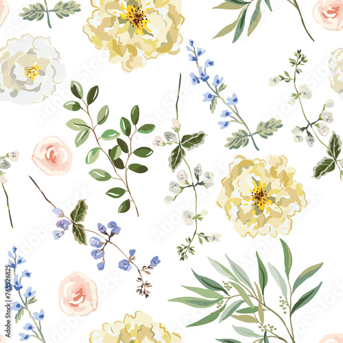 Rose flowers, green leaves, white background. Floral illustration. Vector seamless pattern. Botanical design. Nature garden elements. Summer plants