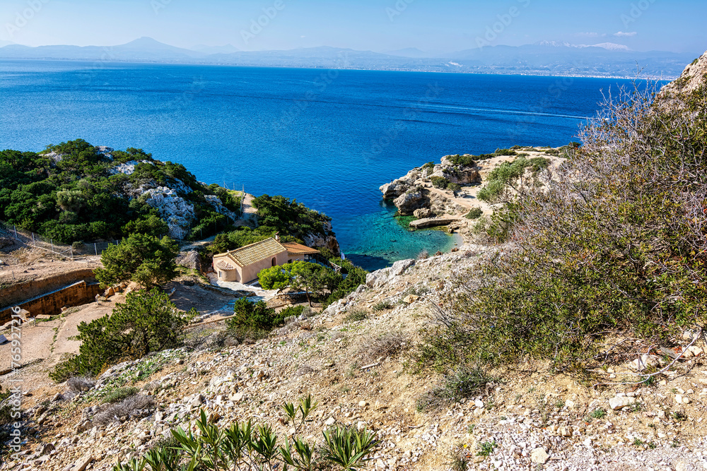 View from the iconic archaeological site of Heraion near Lake Vouliagmenis, Loutraki, Greece