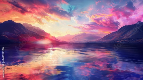 Serene lakeside sunset with majestic mountains, tranquil waters, and vibrant sky, digital painting