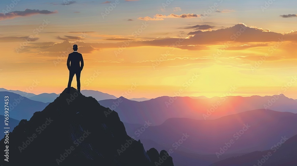 Silhouette of successful businessman standing on mountain peak, success and achievement concept Silhouette of successful businessman standing on mountain peak, success and achievement concept
