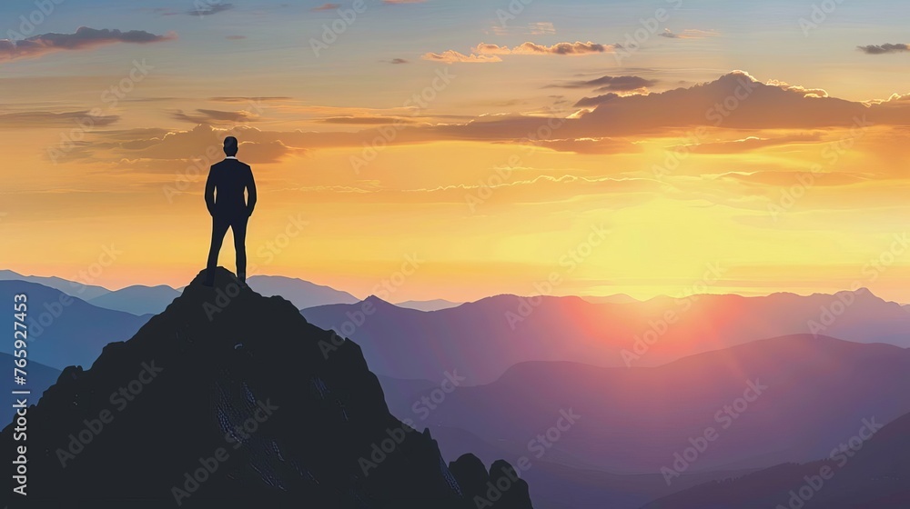 Silhouette of successful businessman standing on mountain peak, success and achievement concept