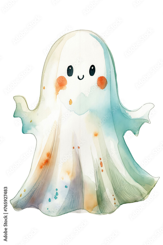Obraz premium Cute cartoon ghost isolated on white background, watercolor illustration. Halloween concept
