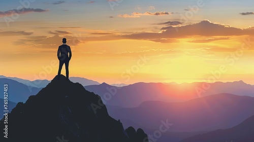 Silhouette of successful businessman standing on mountain peak, success and achievement concept © Jelena