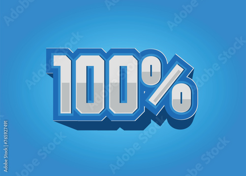 3D object, decorative percentage text, blue and white. 100%