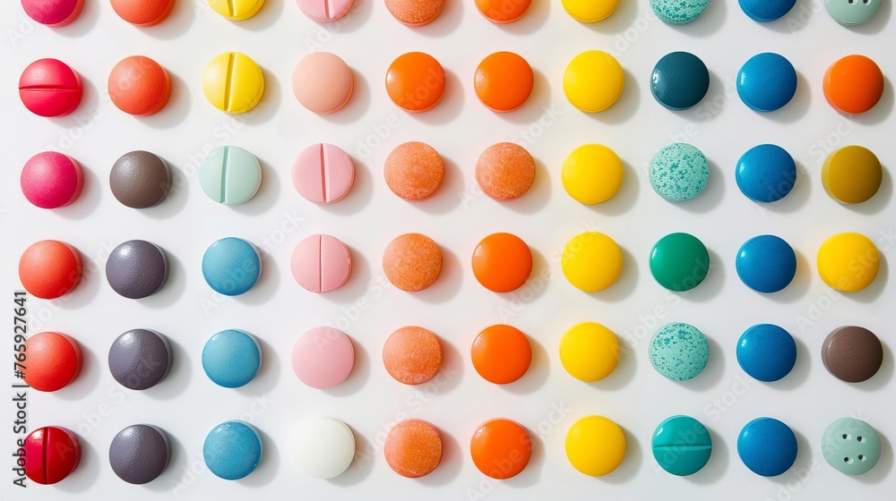 Vibrant collection of colorful pills, pharmaceutical and healthcare concept