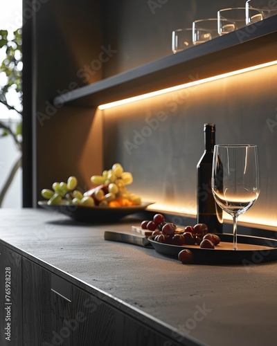 Displayed on a sleek black shelf with soft ambient lighting