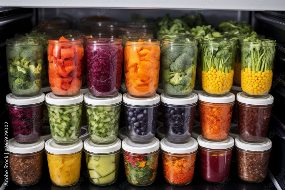 Meal prep containers being organized in a fridge. Meal prep containers being organized in a fridge.