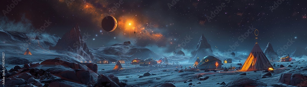 On a distant asteroid, a spacefaring nomadic tribe roams under the glow of a shimmering nebula Show their colorful tent village with intricate details of alien artifacts and technologies 