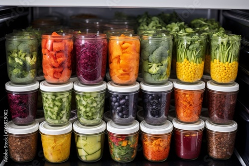 Meal prep containers being organized in a fridge. photo