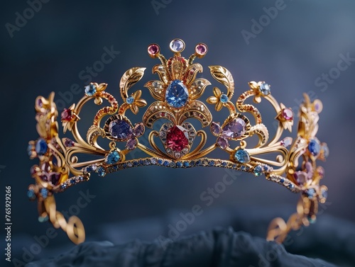 Ornate golden crown set with sparkling gemstones Scene