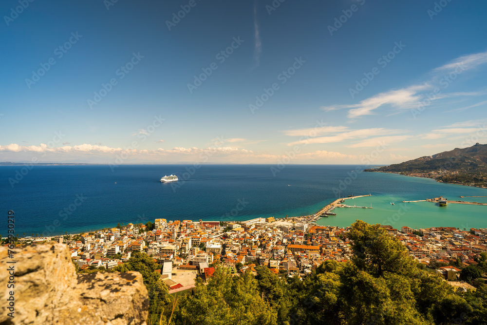 Landscape view of a port harbor in the island of zante in zakynthos located in Greece