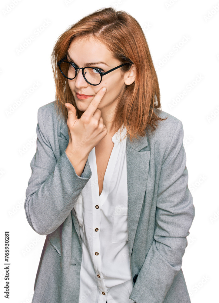 Young caucasian woman wearing business style and glasses pointing to the eye watching you gesture, suspicious expression Young caucasian woman wearing business style and glasses pointing to the eye watching you gesture, suspicious expression