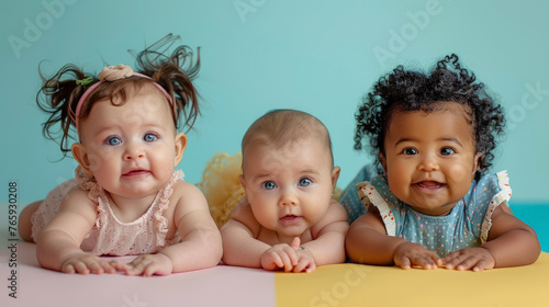 Cheerful babies of different ethnicities in diversity photo shoot on soft color background.