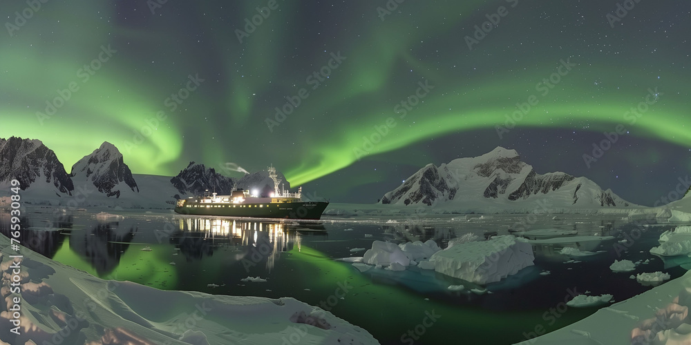 Adventure Cruise Ship Under Green Aurora Borealis in Antarctica