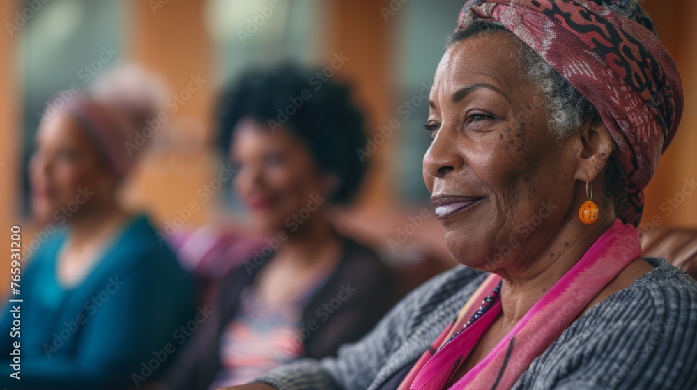 Elderly African American woman with a warm smile, sitting among friends at a senior center. Community and senior social life concept for articles on aging and community engagement