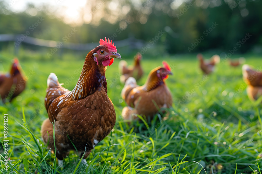 Fototapeta premium Hens grazing in golden sunlight