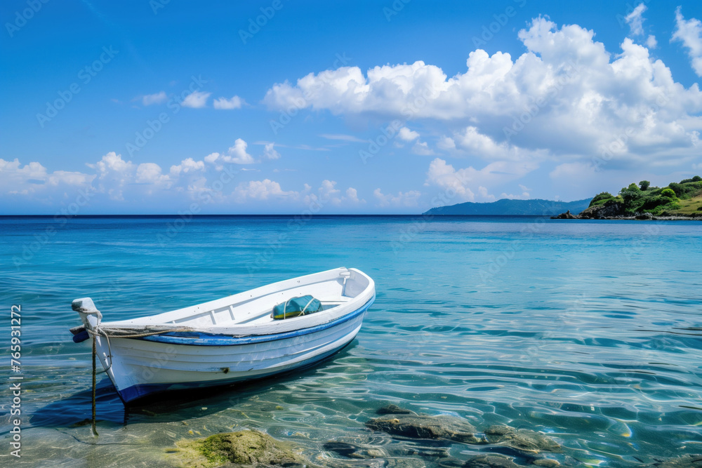 Serene sea with anchored white boat Serene sea with anchored white boat