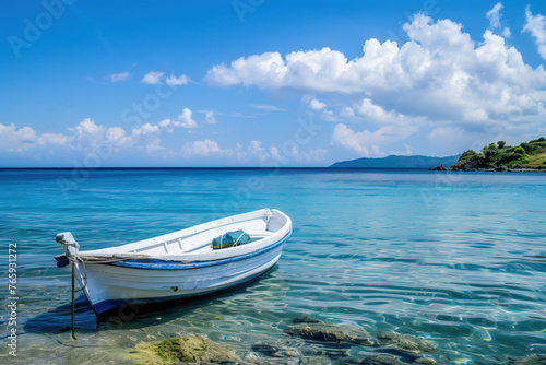 Serene sea with anchored white boat