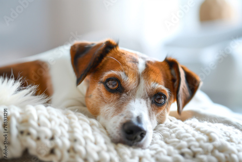 Cozy Jack Russell on knit blanket