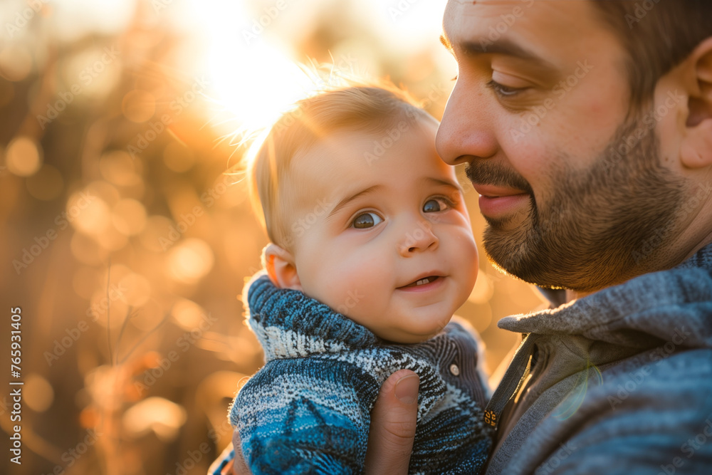 Fototapeta premium Father and baby enjoying sunset together