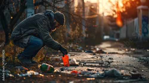 Man collecting trash in an urban area during sunset. Community service and environmental activism concept for background, volunteering, and social responsibility