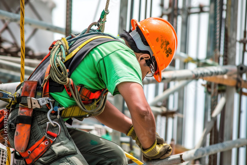 Construction worker securing safety harness