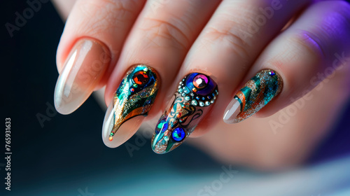 Elegant decorated nails with jewel accents and vibrant colors. Beauty and personal care concept for design, nail salon services, and fashion blog