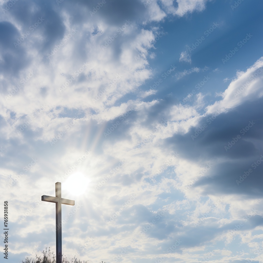 White stone cross against a background of blue sky with clouds.
Concept: religious theme of faith in God and signs, memorable dates, materials for church events White stone cross against a background of blue sky with clouds.
Concept: religious theme of faith in God and signs, memorable dates, materials for church events