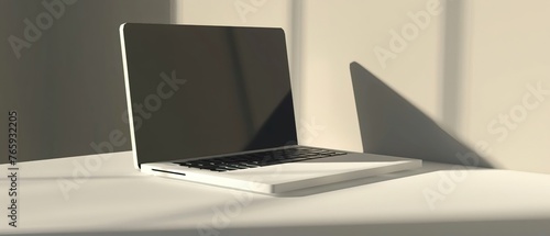 A laptop with a hard shadow open and ready for use on a white table