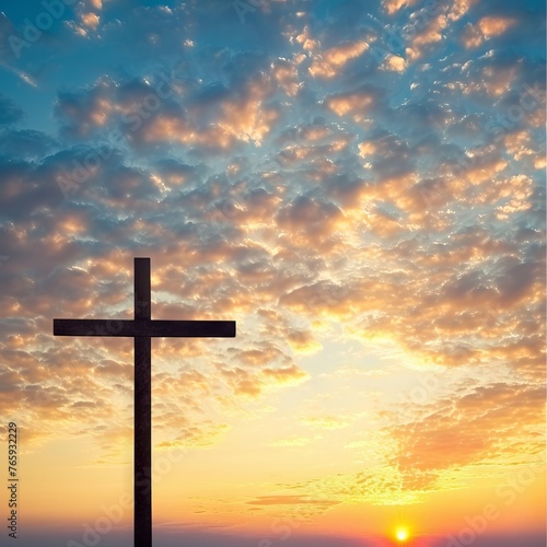 Silhouette of a wooden cross with shining light against a blue sky with clouds. Concept: Suitable for use in religious publications, spirituality and faith, Christian music album covers, faith in God 