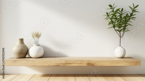 Wood floating shelf on white wall with wooden floor. Modern interior.