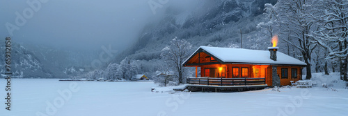 Exterior of a tourist house against the backdrop of a winter landscape and cold travel destinations. Snowy picturesque landscape. Banner.