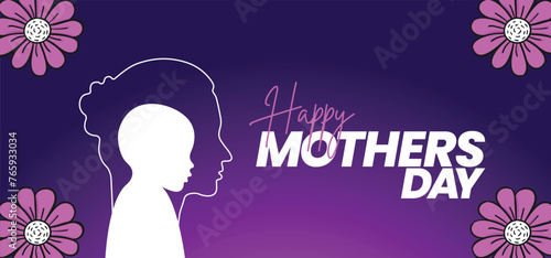 Aesthetic "Happy Mothers' Day" mom and child affection concept greeting design for all mother lovers. Mother's Day Banner Design with flowers on the border on a purple gradient. EPS Format.